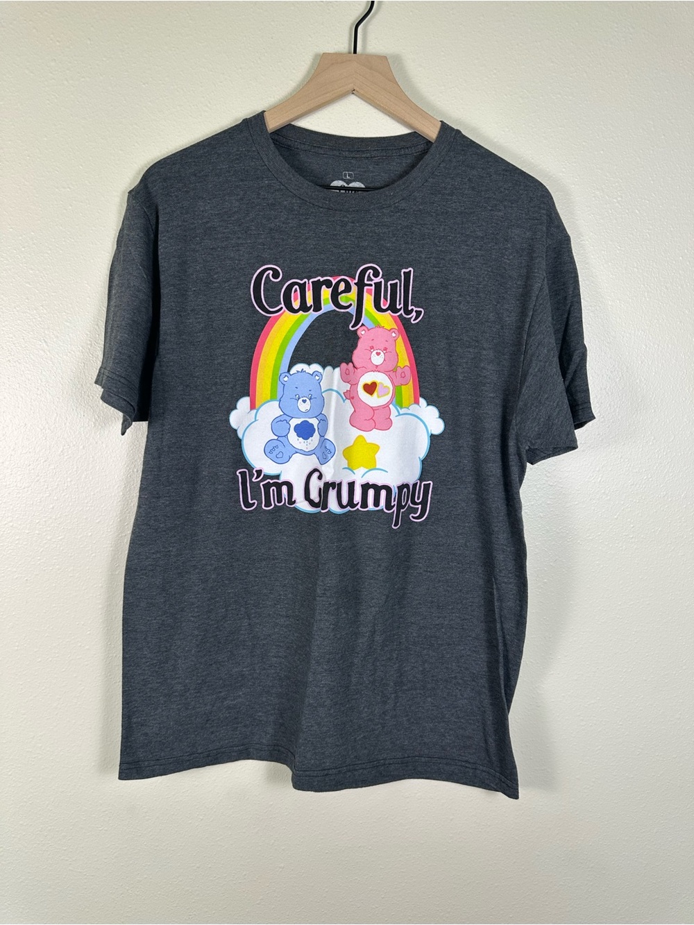 CARE‎ BEARS Men Large Kidcore Careful I'm Grumpy Gray Colorful Graphic T-Shirt